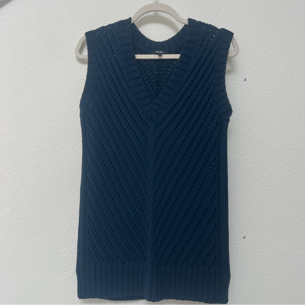 ME+EM Navy Blue Sleeveless V-Neck Cable Knit Sweater Vest